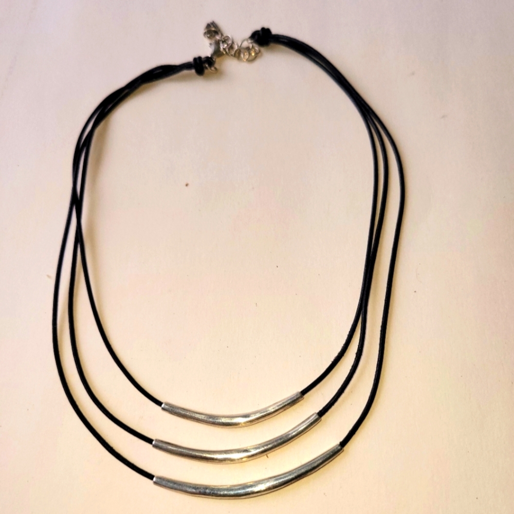 Silpada Designs Sterling Silver Three-layer  Black Leather Necklace